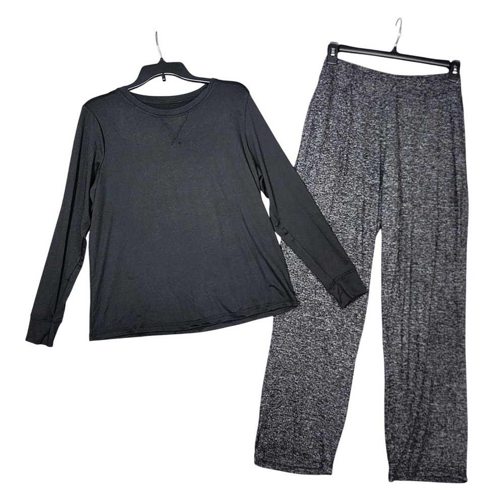 Womens Pajama Set Black Top Heather Gray Pants Medium NWT
